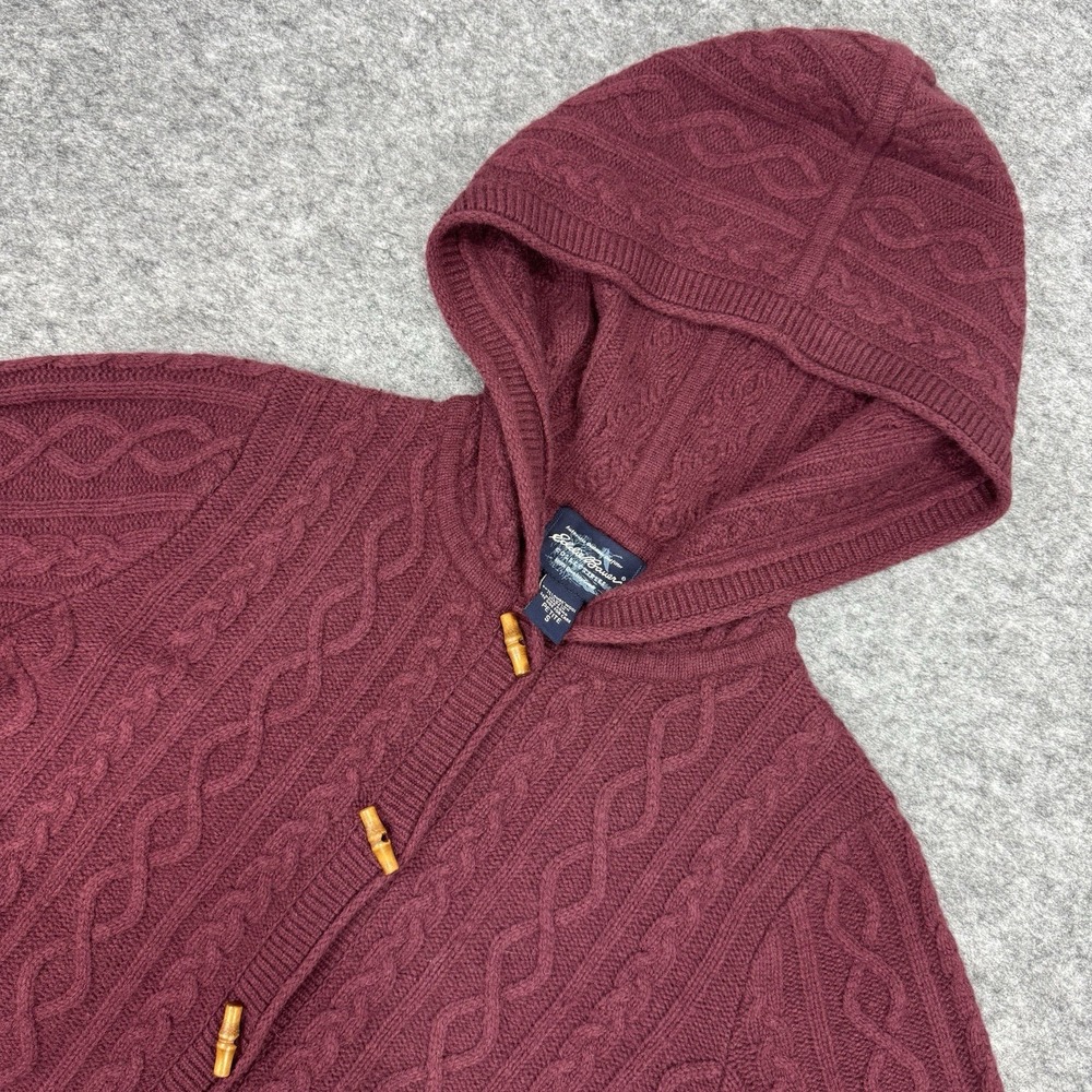 Vintage 90s Eddie‎ Bauer Small Petite Cable Knit Sweater Fishhook Button Up Hood